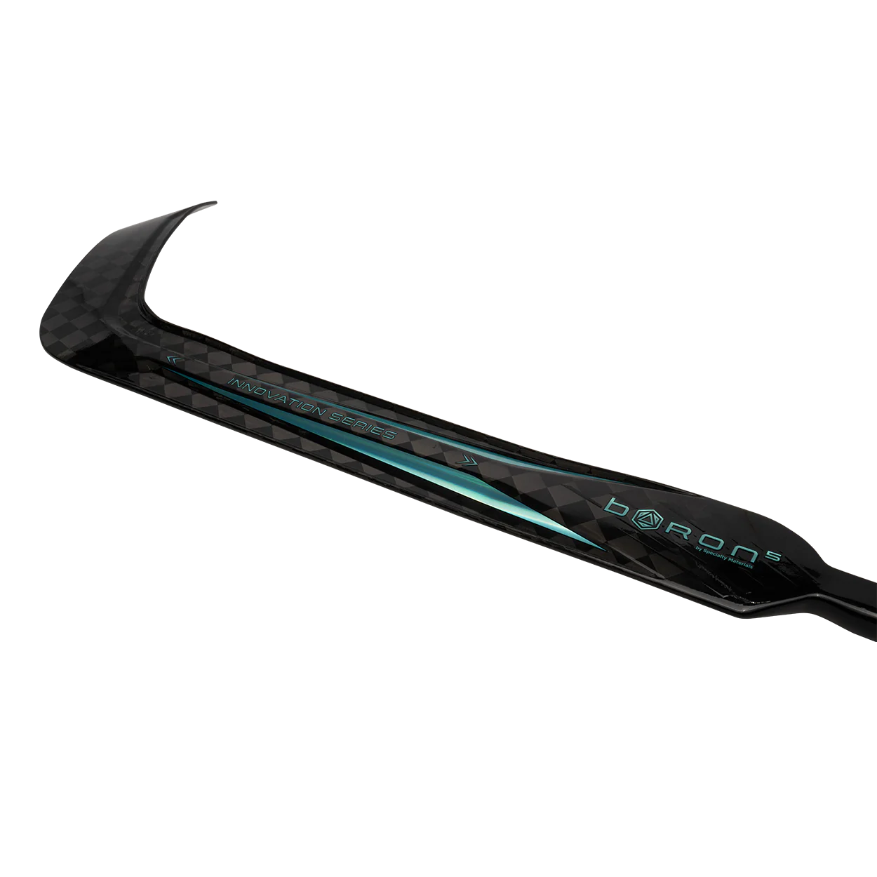 Close-up of the Bauer Pulse Goalie Hockey Stick’s black blade with a TeXtreme carbon fiber pattern and teal accents, showcasing INNOVATION SERIES and BORON text on the shaft.