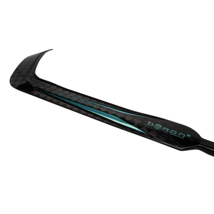 Close-up of the Bauer Pulse Goalie Hockey Stick’s black blade with a TeXtreme carbon fiber pattern and teal accents, showcasing INNOVATION SERIES and BORON text on the shaft.