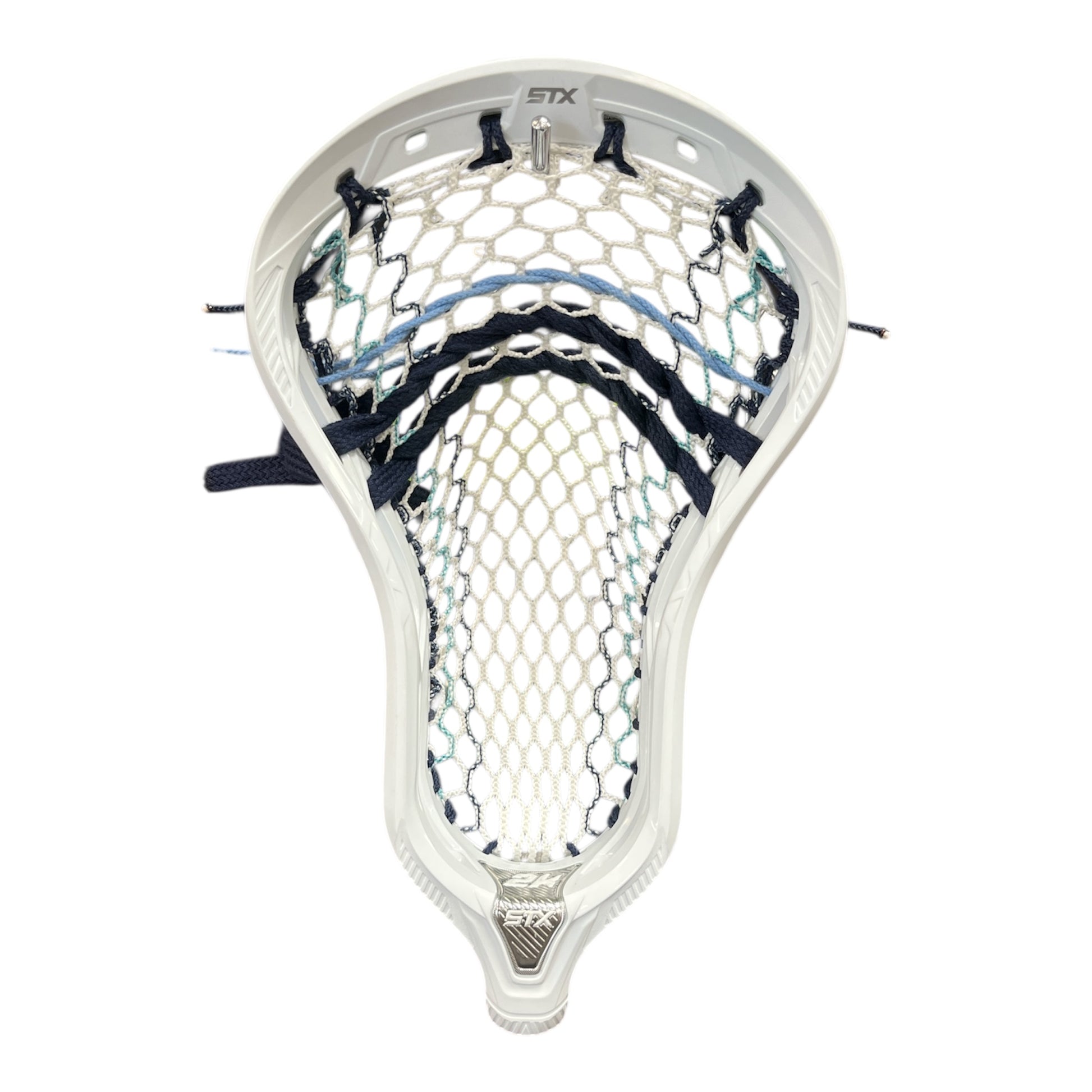 STX Magnet 2K Lacrosse Head — Pre-Strung with ECD Hero 4.0 Mesh (Navy / Carolina Blue) on white background