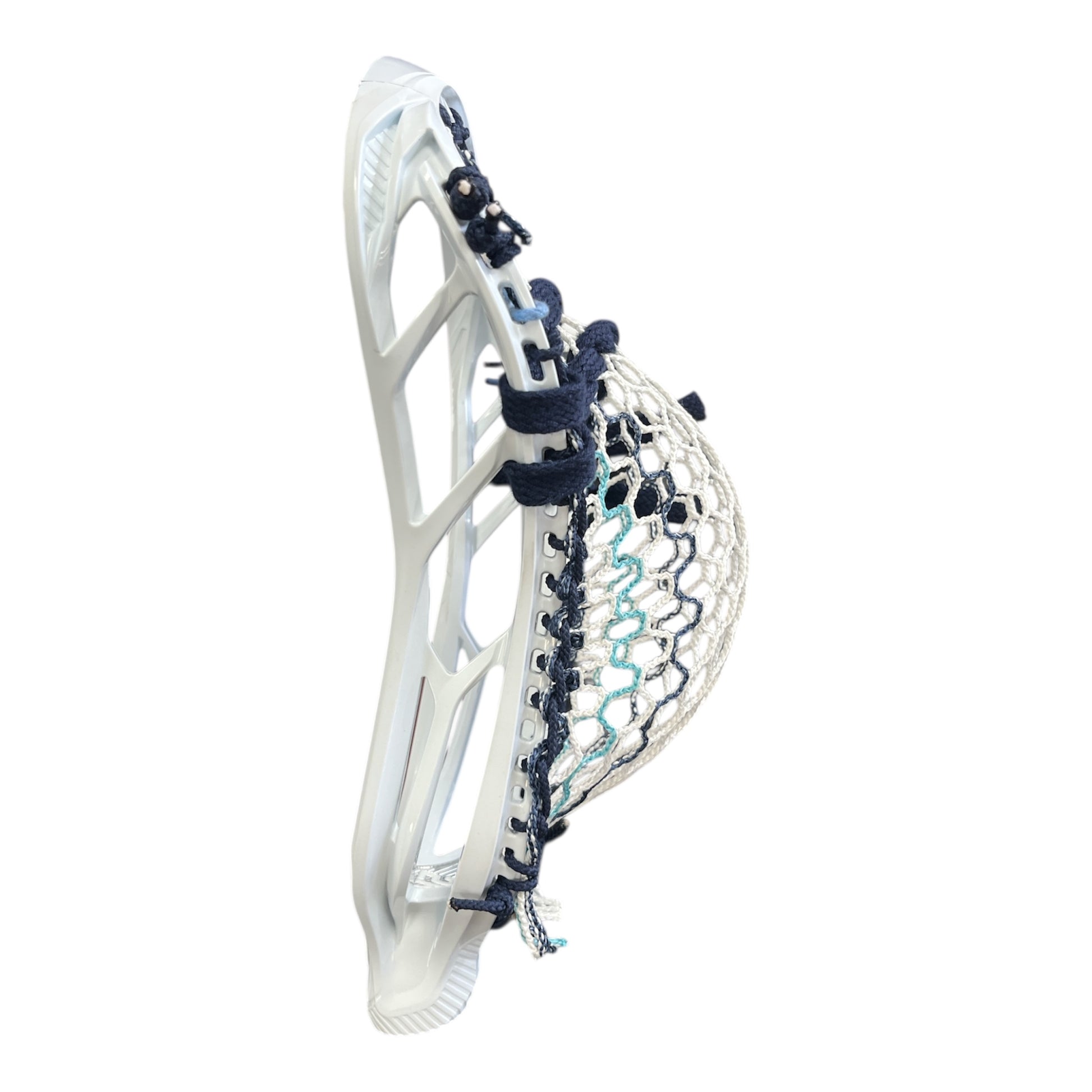 STX Magnet 2K Lacrosse Head — Pre-Strung with ECD Hero 4.0 Mesh (Navy / Carolina Blue) side shot on white background