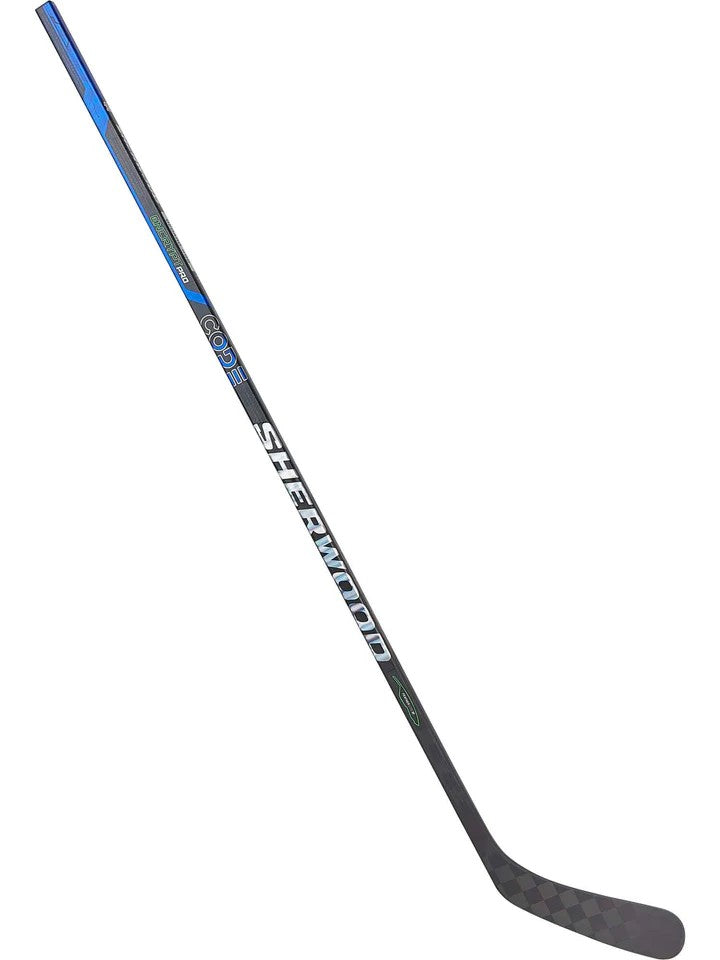 The Sherwood CODE Encrypt Pro Hockey Stick - Senior by Sherwood features a black and blue carbon fiber design with a checkered blade, shown on a white background—engineered for elite playmaking.