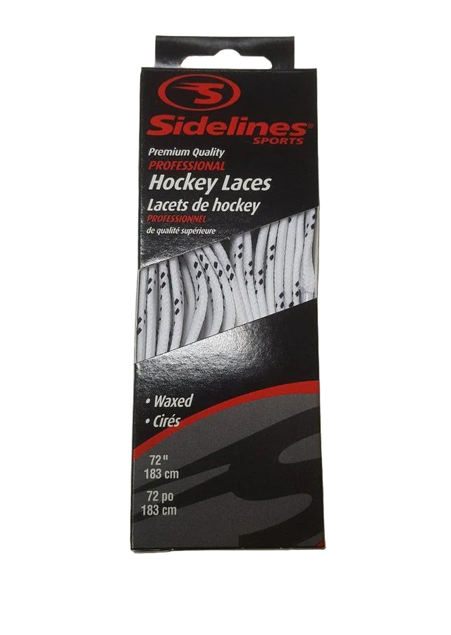 Sidelines Hockey Laces by Sidelines come in a mainly black box with red and gray accents, revealing white waxed 72-inch (183 cm) laces with black specks—durable skate accessories perfect for any player.