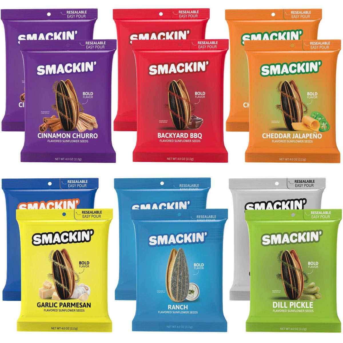 Twelve colorful bags of Smackin’ Sunflower Seeds by Smackin' Snacks LLC in flavors like Cinnamon Churro and Backyard BBQ are arranged in a grid—an ideal lacrosse snack packed with flavor and crunch.