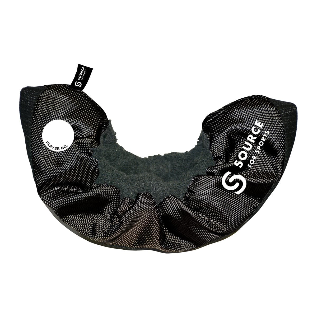 The Source for Sports Skate Soaker by Source for Sports is a black skate blade cover with SOURC FOR SPORTS and PLAYER NO. tags, a textured outer, and soft grey lining—ideal as durable skate guards or blade protectors.