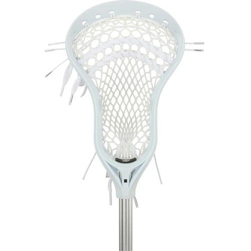 The StringKing Complete 2 Jr. Lacrosse Stick by StringKing features a white head with mesh netting, attached to a silver shaft. This lightweight junior stick includes multiple white string ties along the sides and top.