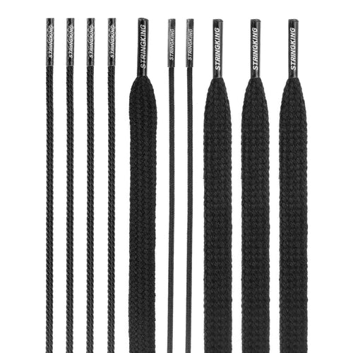 The StringKing Lacrosse String Kit - Player by StringKing features nine black shoelaces: four thin, tightly braided on the left and five thicker, looser on the right. All have black STRINGKING tips, perfect for lacrosse head stringing.