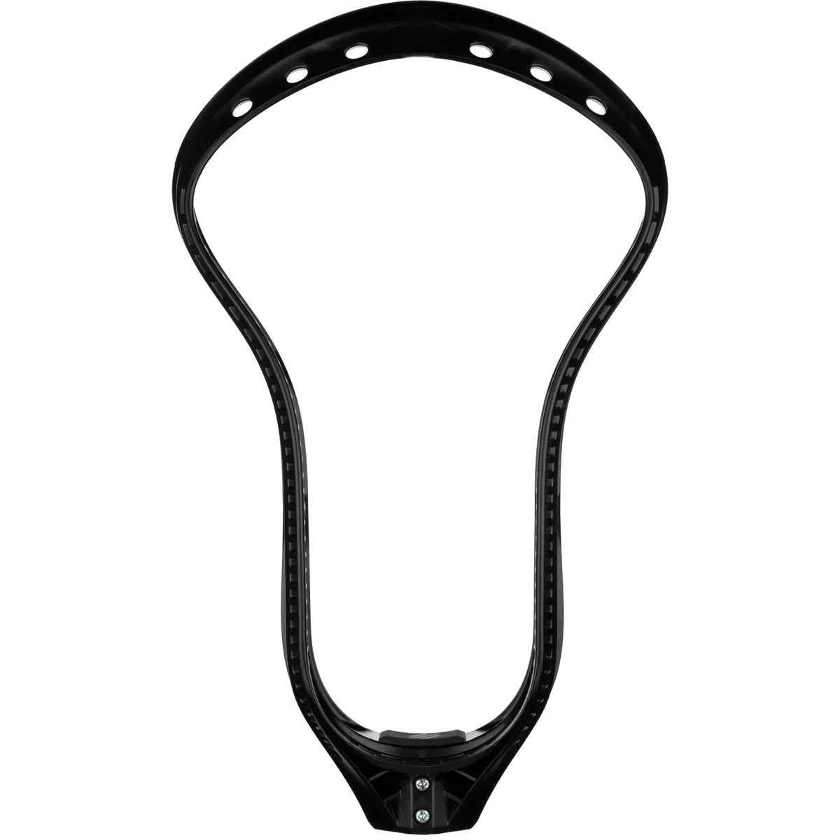The StringKing Mark 2F Lacrosse Head in black, shown from the front, features an oval shape, multiple side stringing holes, and a closed bottom throat with a screw—ideal for faceoff specialists.