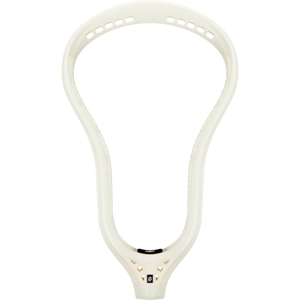 The StringKing Mark 3D Lacrosse Head by StringKing, shown in white with elite stiffness and holes on the top and sides, is viewed from the front against a plain white background.