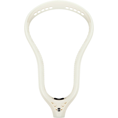 The StringKing Mark 3D Lacrosse Head by StringKing, shown in white with elite stiffness and holes on the top and sides, is viewed from the front against a plain white background.