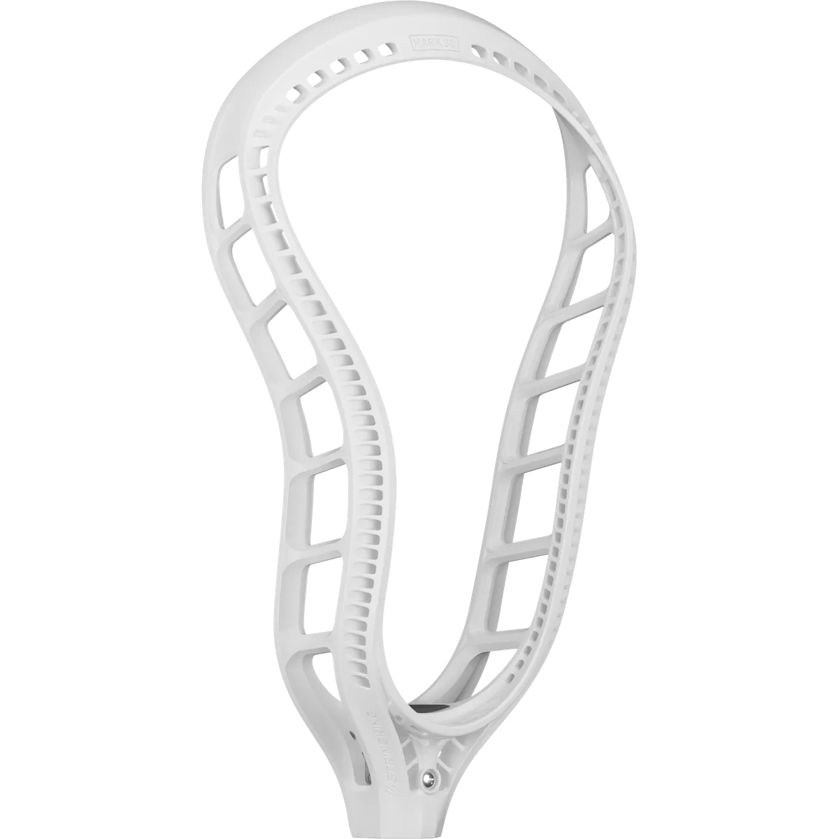The StringKing Mark 3D Lacrosse Head, unstrung and white with a wide scoop and sidewall holes for elite stiffness, is displayed against a plain white background.