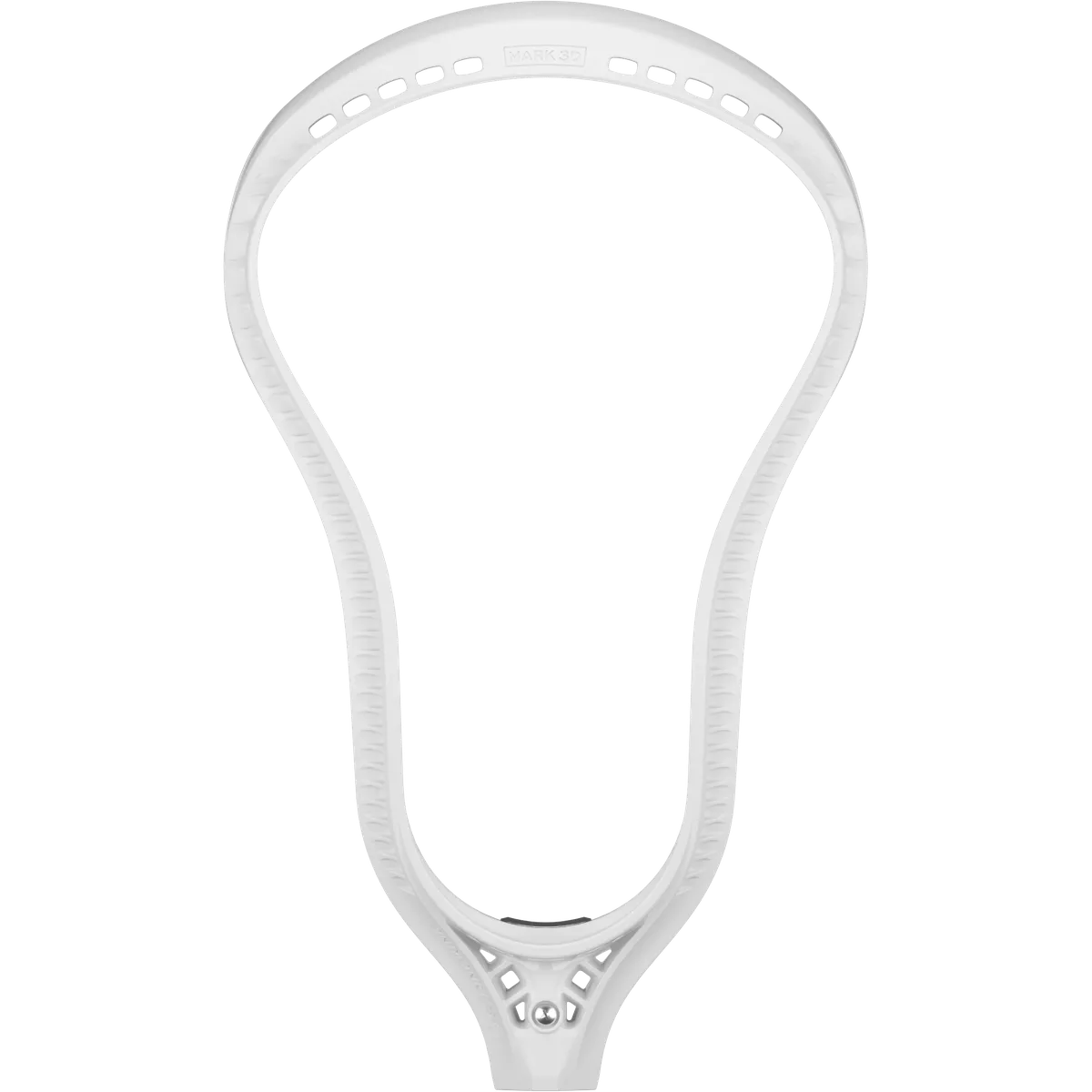 The StringKing Mark 3D Lacrosse Head is shown in close-up, highlighting its elite stiffness, wide scoop, and precise sidewall holes by StringKing against a plain white background.