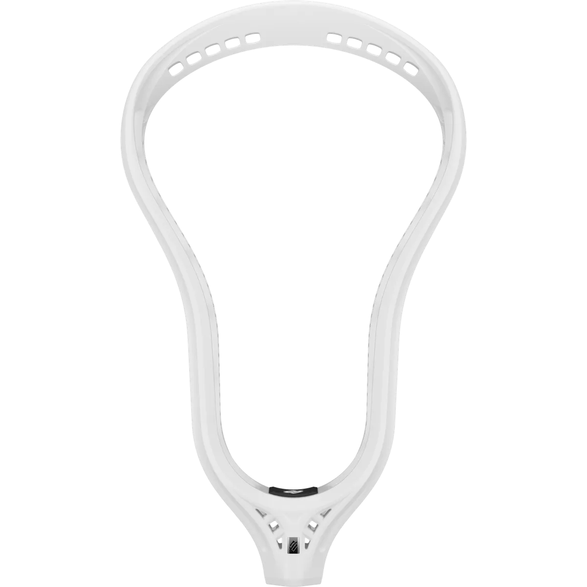 A front view of the white, unstrung StringKing Mark 3D Lacrosse Head by StringKing shows its oval design, multiple stringing holes along the edge, and elite stiffness built for advanced lacrosse players.