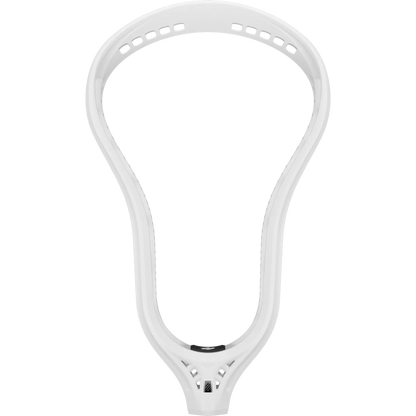 A front view of the white, unstrung StringKing Mark 3D Lacrosse Head by StringKing shows its oval design, multiple stringing holes along the edge, and elite stiffness built for advanced lacrosse players.