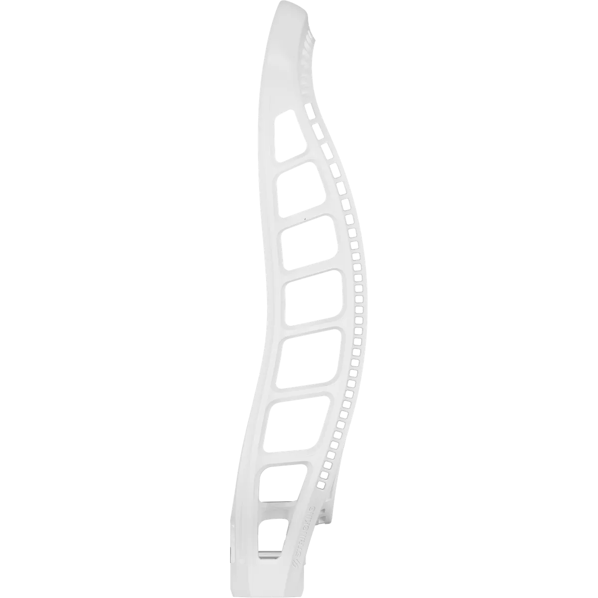Side view of the StringKing Mark 3D Lacrosse Head by StringKing, featuring a curved shape, numerous stringing holes, and open geometric sidewalls engineered for elite stiffness.