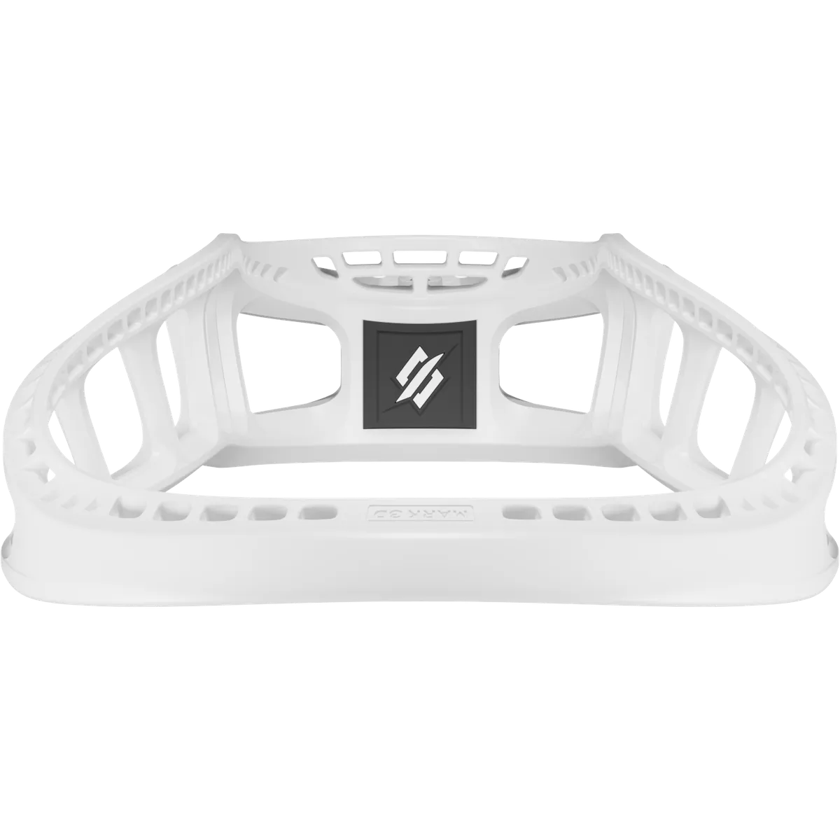 The StringKing Mark 3D Lacrosse Head is a white, 3D-printed head featuring an open sidewall design, rectangular holes, and a black stylized S logo on the scoop, delivering elite stiffness and innovative performance.