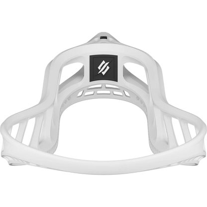 The StringKing Mark 3D Lacrosse Head, shown in white from the front, features angled sidewalls, a wide scoop, and a black stylized S logo at the top—crafted by StringKing for elite stiffness using advanced 3D printing.