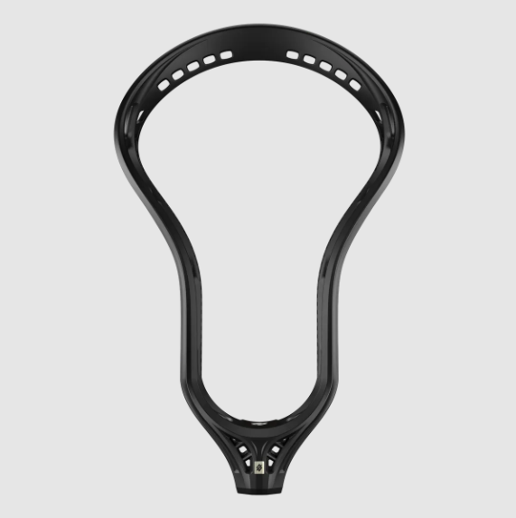 The StringKing Mark 3V Lacrosse Head by StringKing, shown in black with a wide scoop and multiple stringing holes for offense, is displayed against a plain light gray background.