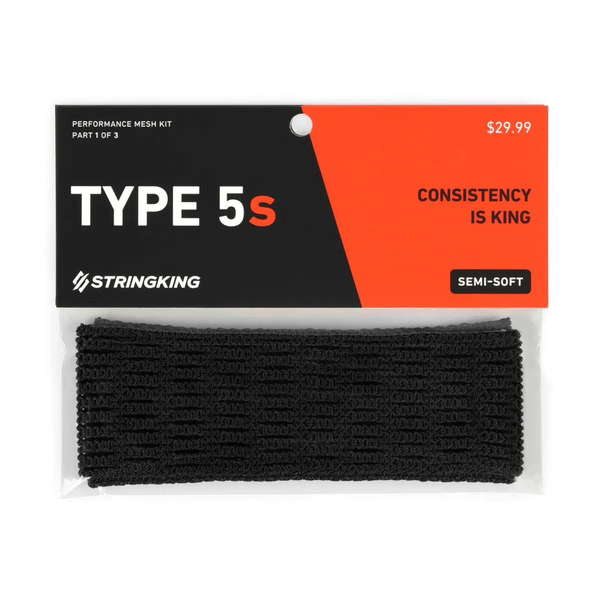 The StringKing Performance Mesh Kit Type 5s features semi-soft mesh in black packaging with an orange and black label, priced at $29.99, displaying "CONSISTENCY IS KING" and "SEMI-SOFT." Premium StringKing mesh included.