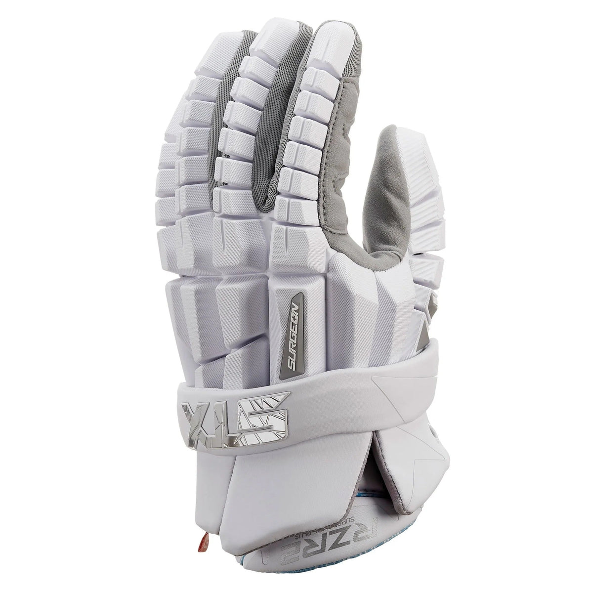An upright STX Surgeon RZR 2 Lacrosse Glove by STX in white and gray, featuring pro-level protection, segmented padding, a branded wrist strap, and textured palm and fingers. The palm faces backward.