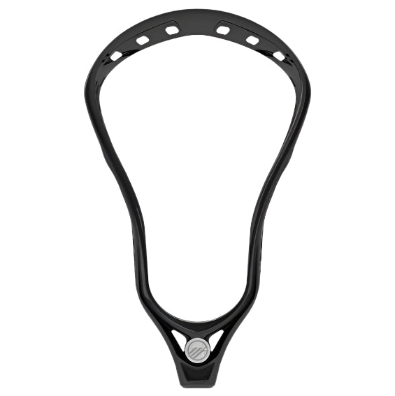 The Maverik Tank 2.0 Lacrosse Head by Maverik is shown in black from the front, featuring visible stringing holes along the top edge and a silver circular logo near the base.