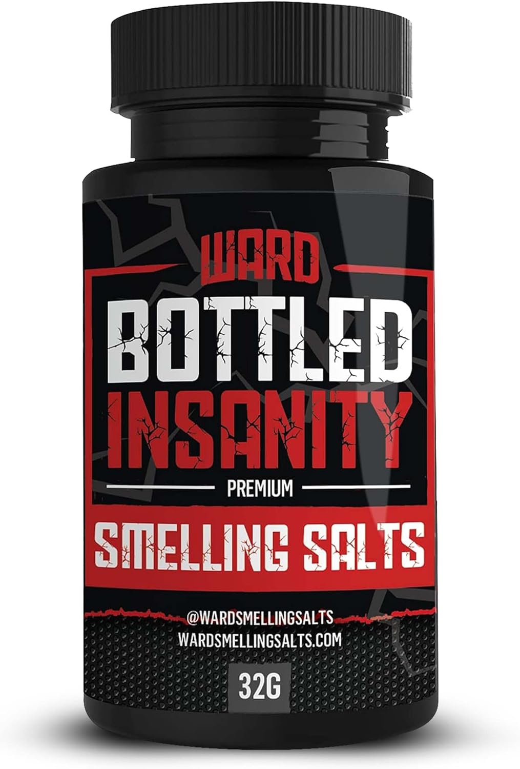 A black jar labeled Ward Smelling Salts Bottled Insanity Smelling Salts for Athletes displays bold red and white text, with the website and social handle below on this 32g ammonia inhalant by Ward Smelling Salts for athletic performance.