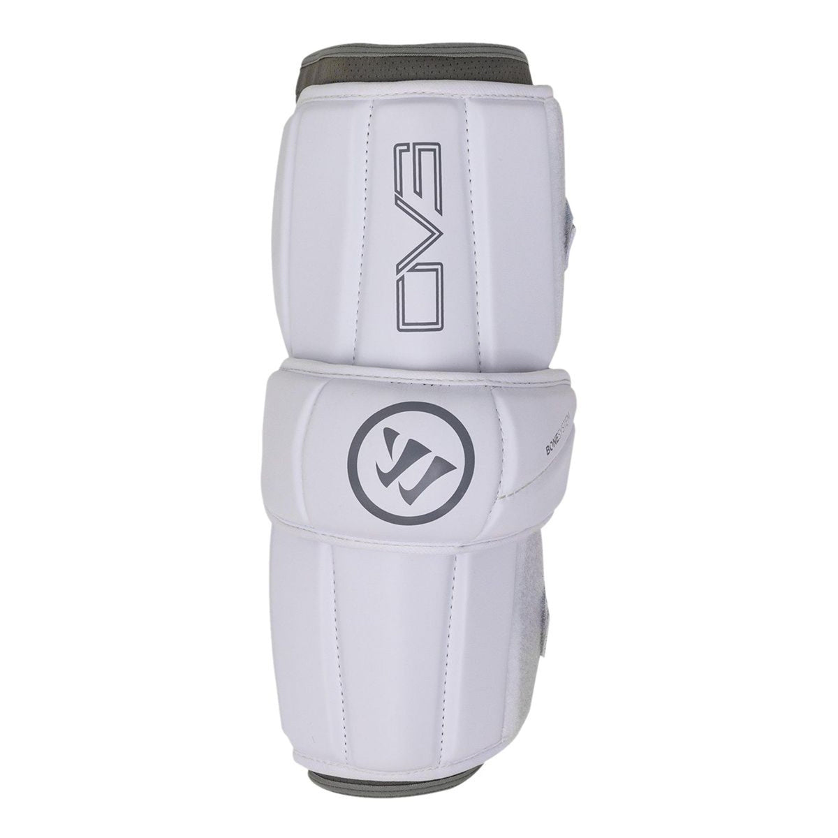 The Warrior Evo Lacrosse Arm Guard - Senior by Warrior features a white design with grey accents, EVS logos, and a circular front emblem. Adjustable straps provide a secure fit, making it ideal for senior lacrosse protection.