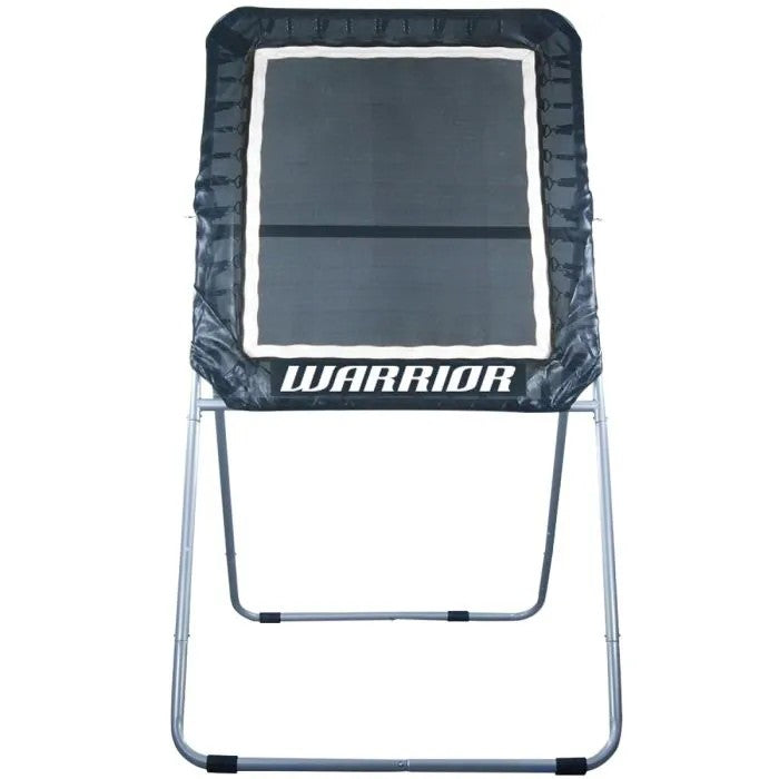 The Warrior Lax Wall Lacrosse Rebounder by Warrior features a black frame, metal legs, and "WARRIOR" in white at the bottom—ideal for wall ball or lacrosse training as a dependable rebounder net.