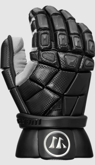 The Warrior Nemesis Pro Goalie Glove by Warrior is black, padded, and features reinforced knuckles, a wrist strap, bold logo on the wrist, and segmented textured panels for elite goalie protection and flexibility.