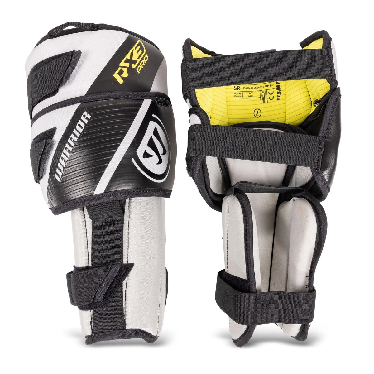 A pair of black, white, and yellow Warrior Ritual X3 Pro Goalie Knee Pads - Senior, shown from outer shell and inner strapping sides, with curved protective padding and adjustable straps—ideal for pro-level protection.
