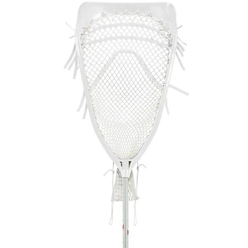 A Warrior Wall Strung Lacrosse Goalie Head by Warrior, featuring a wide white head with detailed stringing and a netted pocket, is shown against a plain white background—ideal for lacrosse goalies.