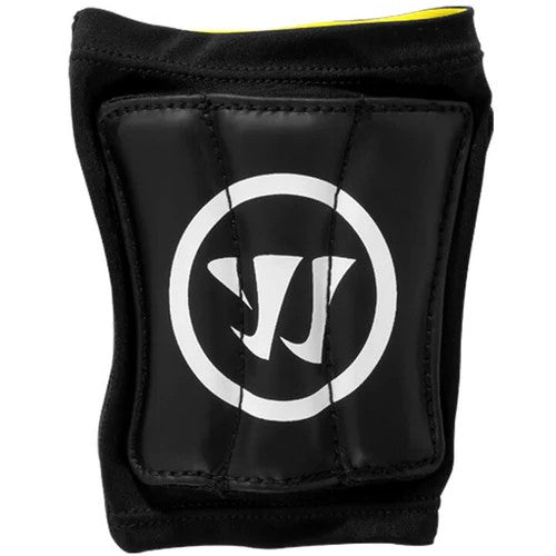 The Warrior Wrist Guard by Warrior is a lightweight black lacrosse wrist guard with white stitching, a white circular double-W logo at the center, and a yellow lining for comfort and style.