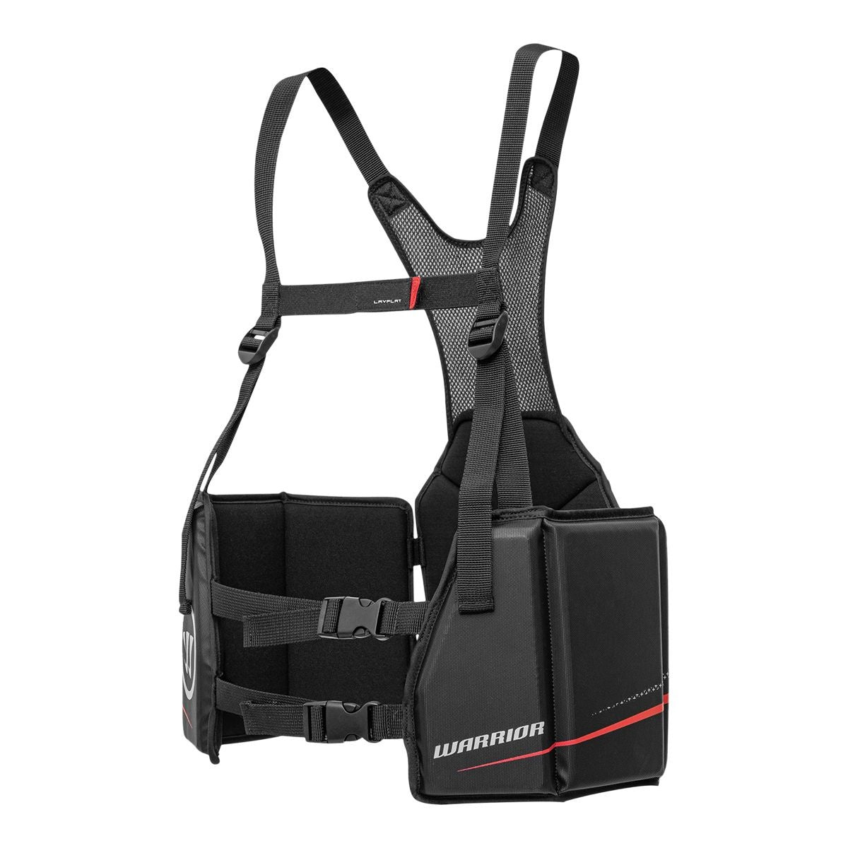 The Warrior Fatboy Senior Lacrosse Rib Guards offer black and red protective padding with adjustable straps, a mesh back, and maximum upper body safety. The Warrior logo shows on the side panel—ideal for your lacrosse rib protection setup.