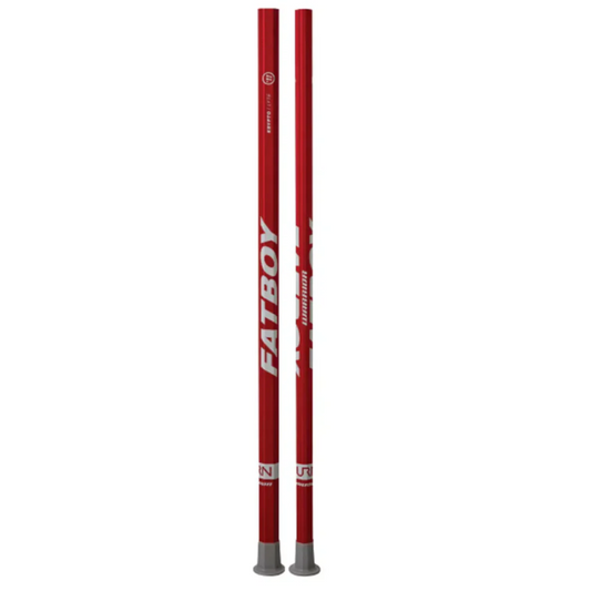Two red lacrosse shafts with 'Fatboy' branding on a white background