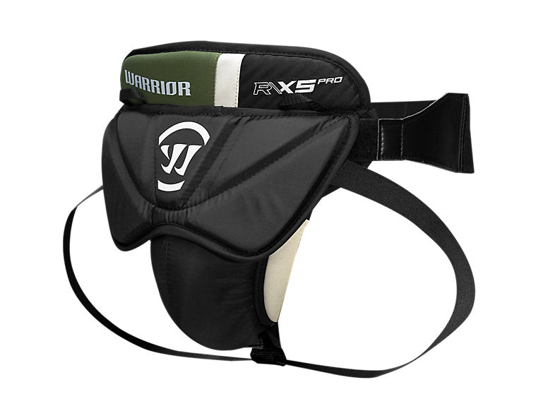 The Sanderson Lacrosse Warrior RX5 Pro Goalie Jock is a black and green protective athletic cup with adjustable straps, offering essential groin protection for hockey goalies.