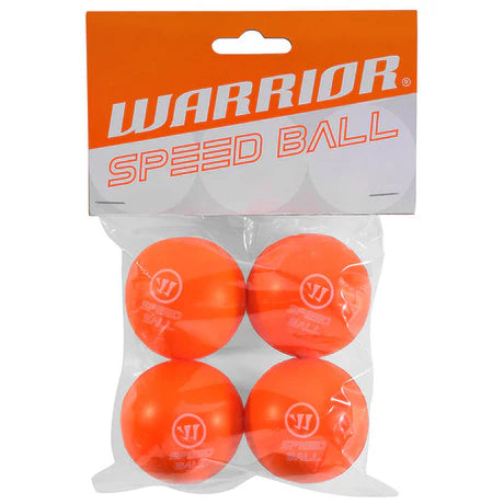 The Sanderson Lacrosse Warrior Speed Ball - 4 pack features four bright orange balls, sealed in clear plastic with an orange and white header card—durable and ideal for lacrosse practice or games.