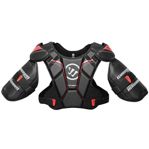 The Warrior Fatboy Lacrosse Shoulder Pads Shield by Warrior features high-density foam, adjustable straps, chest and arm shields for box lacrosse, and displays the Warrior logo on the front center in black and red.