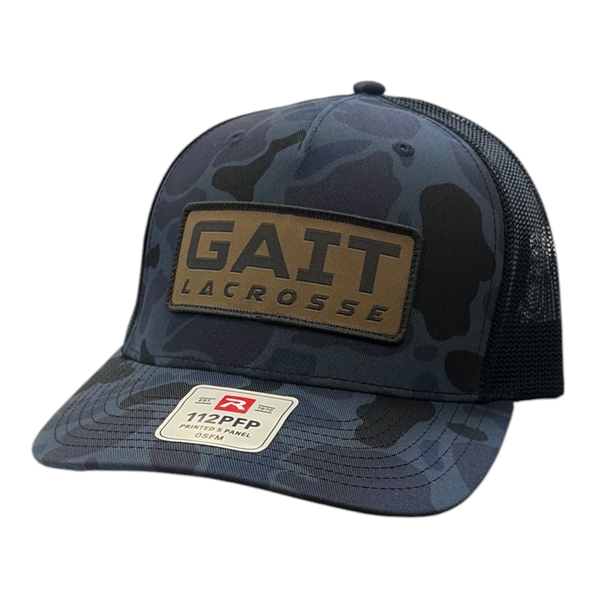 Gait Lacrosse Hat Navy Black Camo – Richardson 112PFP trucker with tan rubber patch – Sanderson Lacrosse