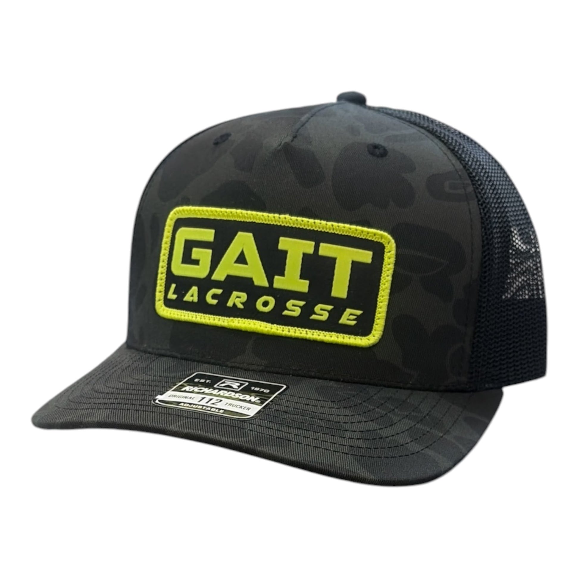 Gait Lacrosse Hat Black Camo Neon Yellow – Richardson 112 trucker with neon yellow rubber patch – Sanderson Lacrosse