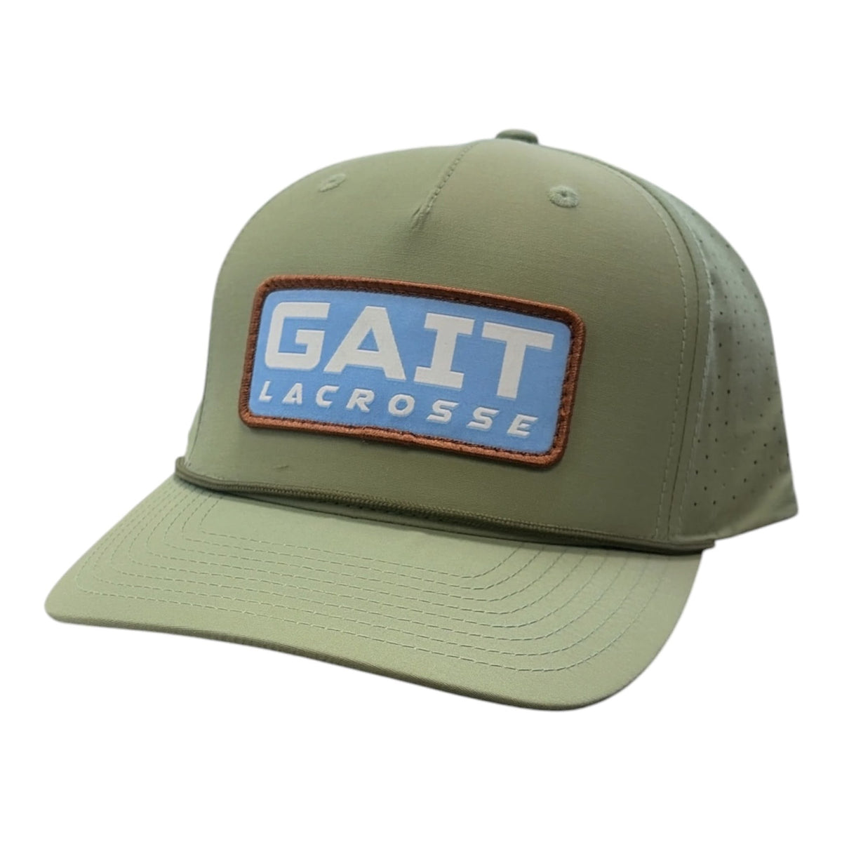 Gait Lacrosse Hat Olive – perforated performance cap with Carolina blue woven patch and rope brim – Sanderson Lacrosse