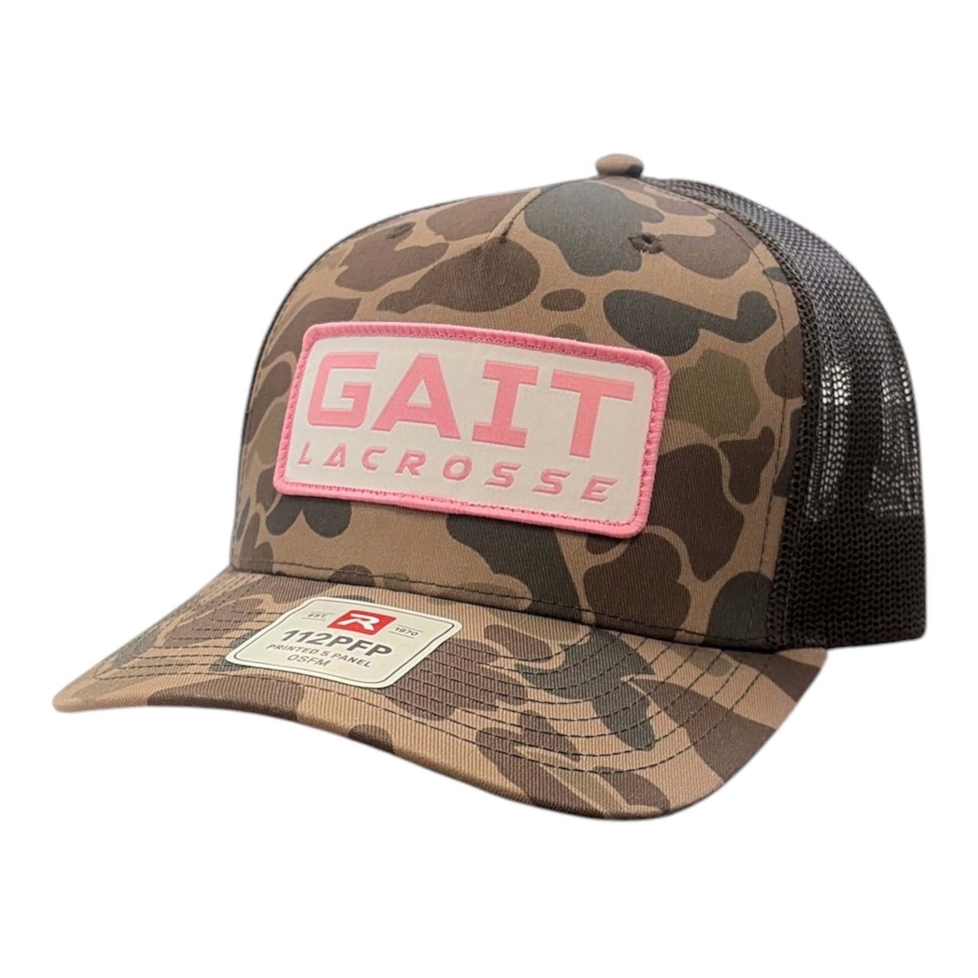Gait Lacrosse Hat Brown Duck Camo Pink – Richardson 112PFP trucker with cream and pink rubber patch – Sanderson Lacrosse
