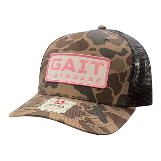 Gait Lacrosse Hat Brown Duck Camo Pink – Richardson 112PFP trucker with cream and pink rubber patch – Sanderson Lacrosse