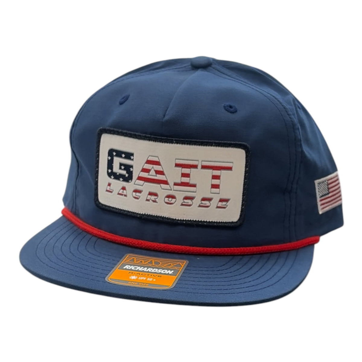 Gait Lacrosse Hat Navy USA – Richardson R-Active flat brim with stars and stripes patch and American flag badge – Sanderson Lacrosse