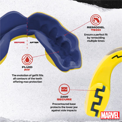 SafeJawz Marvel X-Men Wolverine Mouthguard Junior – product features callout graphic – Sanderson Lacrosse