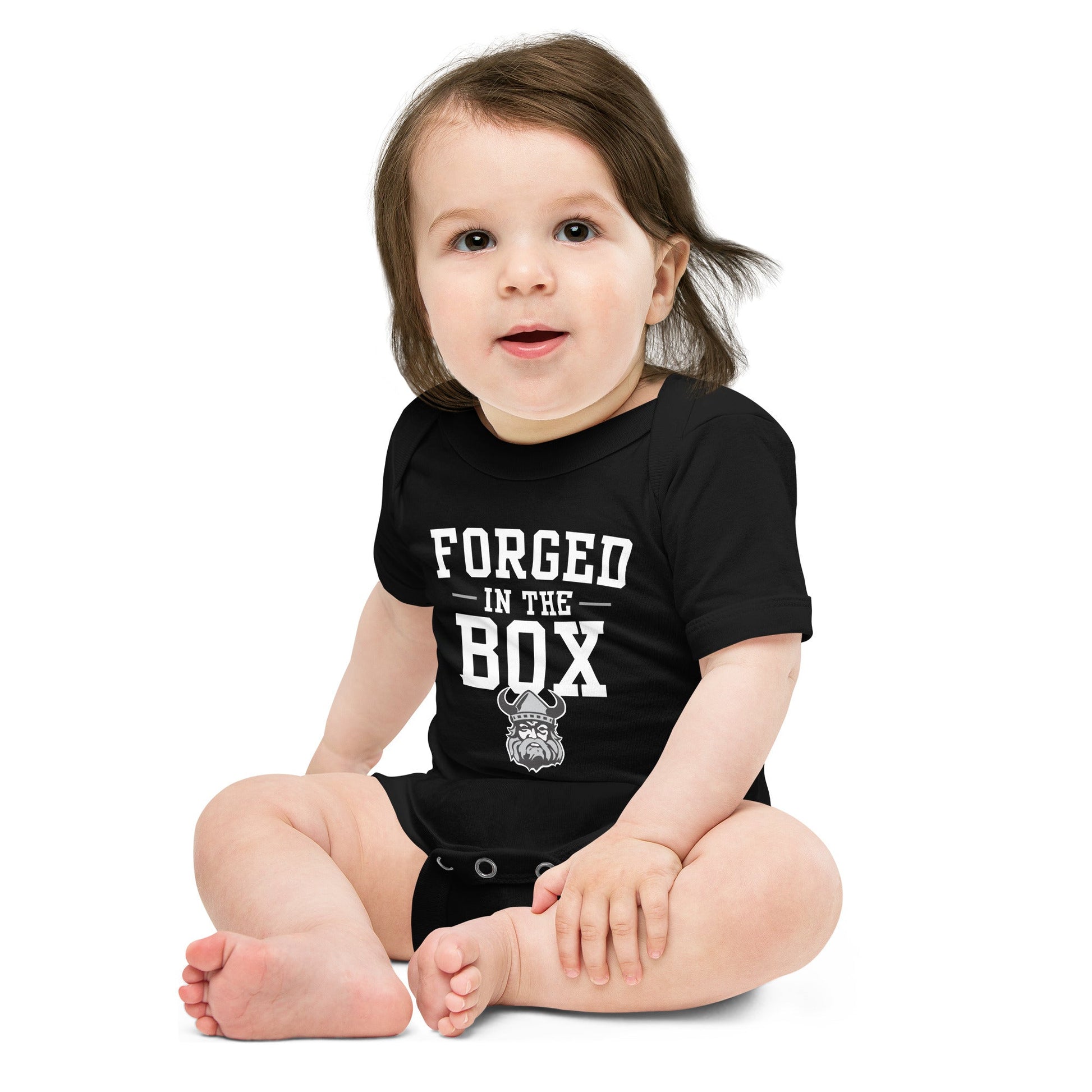 Orangeville Northmen Forged in the Box Baby Onesie White – front view – Sanderson Lacrosse