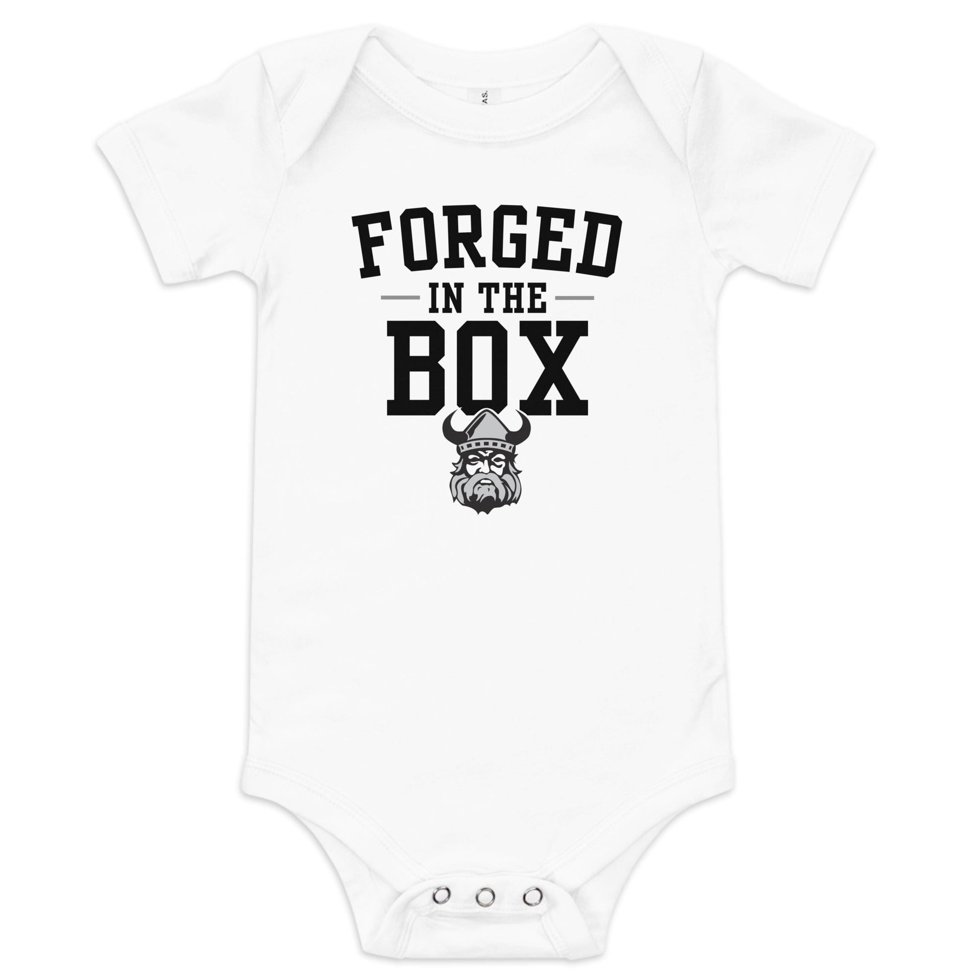 Orangeville Northmen Forged in the Box Baby Onesie Black – back view – Sanderson Lacrosse