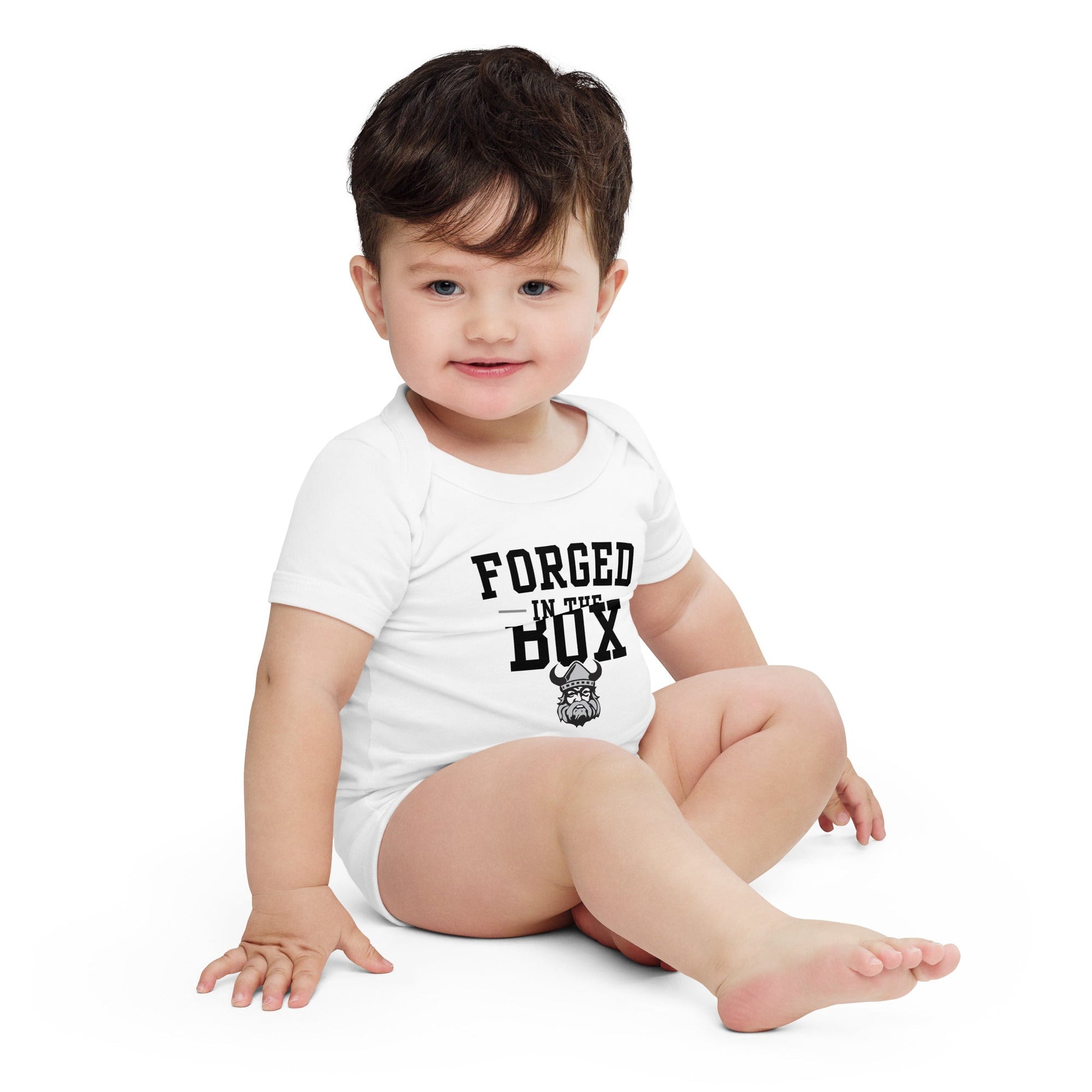 Orangeville Northmen Forged in the Box Baby Onesie Black – side view – Sanderson Lacrosse