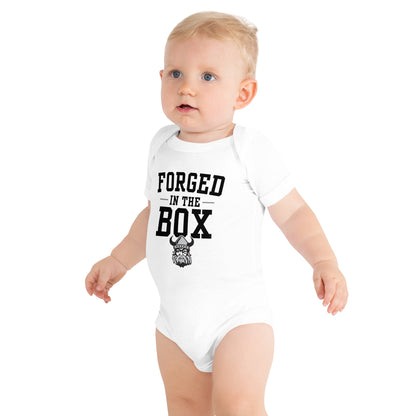 Orangeville Northmen Forged in the Box Baby Onesie Black – front view – Sanderson Lacrosse