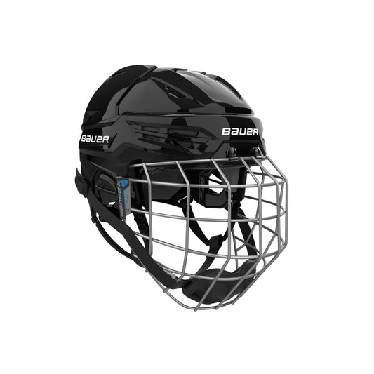 Bauer RE-AKT 55 senior hockey helmet combo with cage in black, front three-quarter view