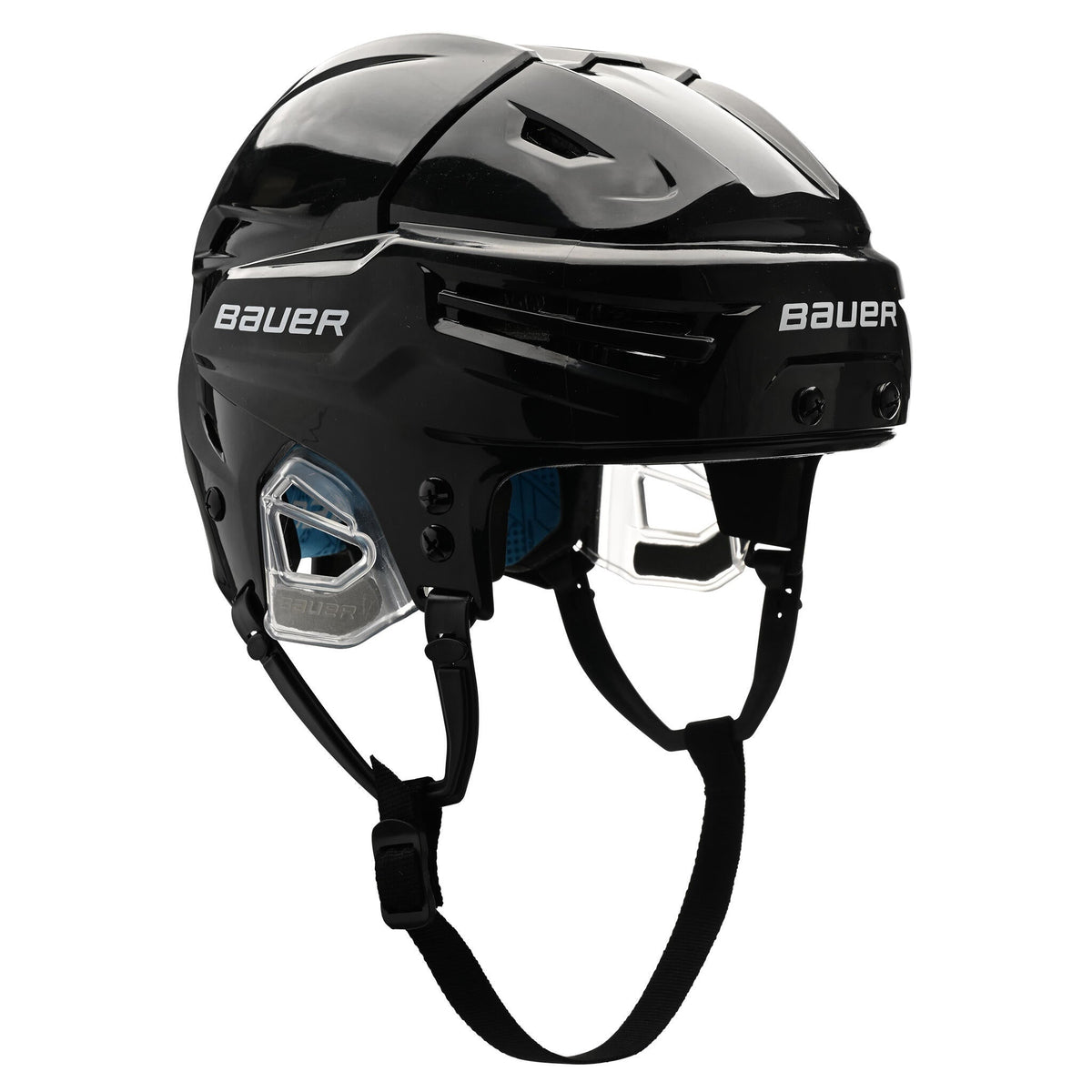 Bauer RE-AKT 65 senior hockey helmet in black, front three-quarter view
