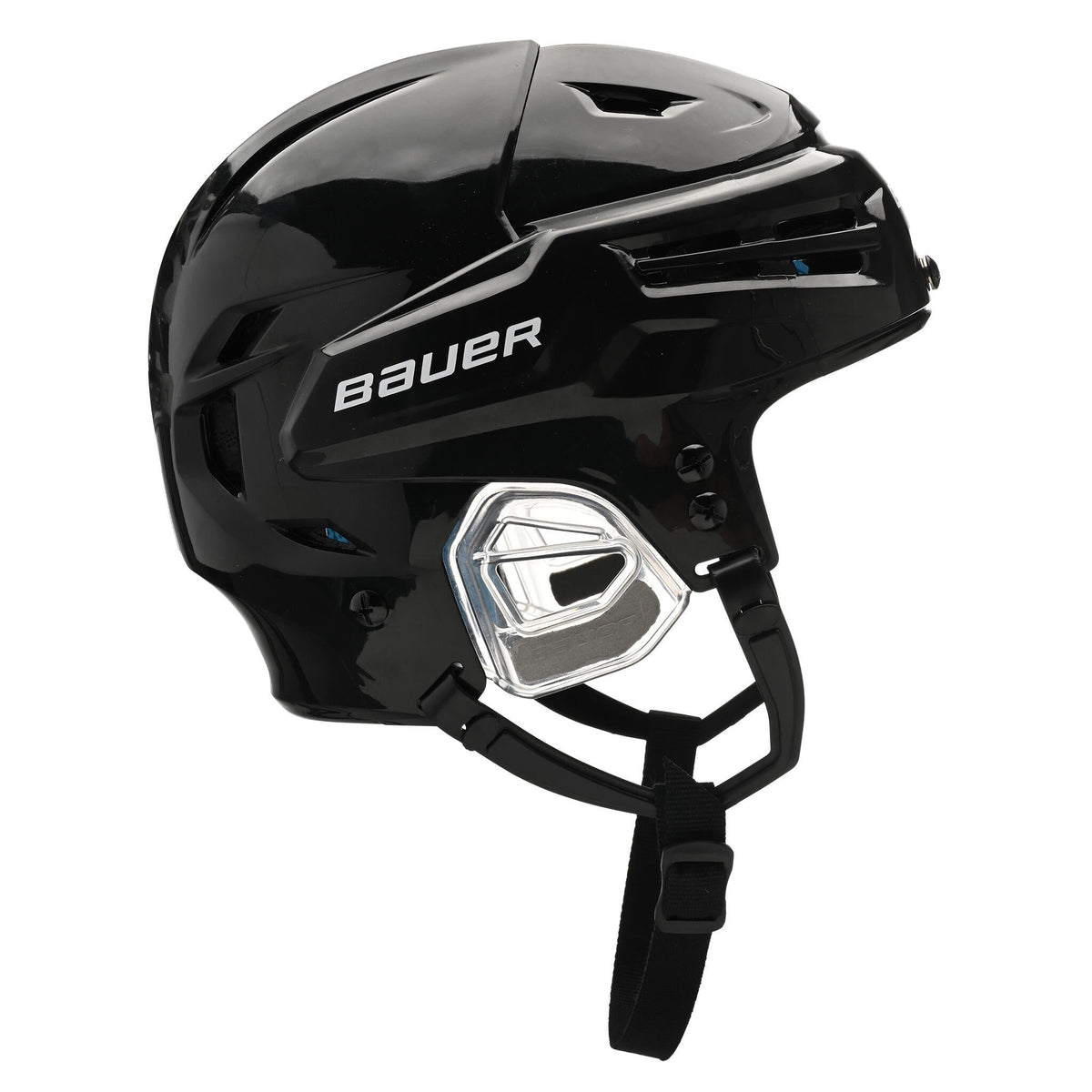 Bauer RE-AKT 65 senior hockey helmet in black, rear three-quarter view